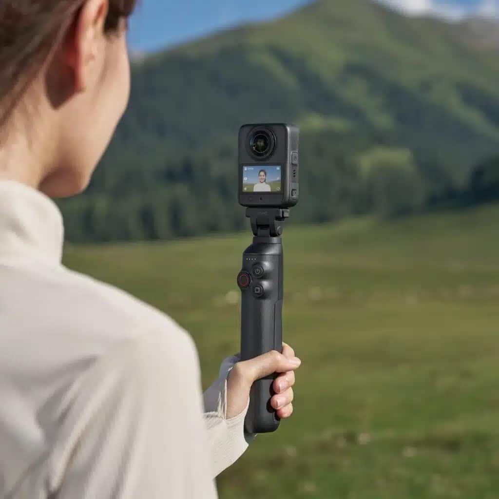 DJI Osmo 360 II gắn trên tay cầm quay vlog ngoài trời
