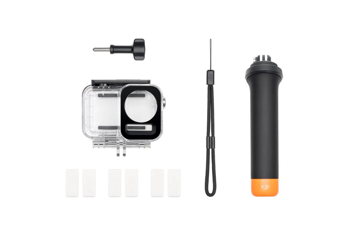 Bộ phụ kiện lặn DJI gồm vỏ chống nước 60m, miếng chống đọng sương và tay cầm nổi