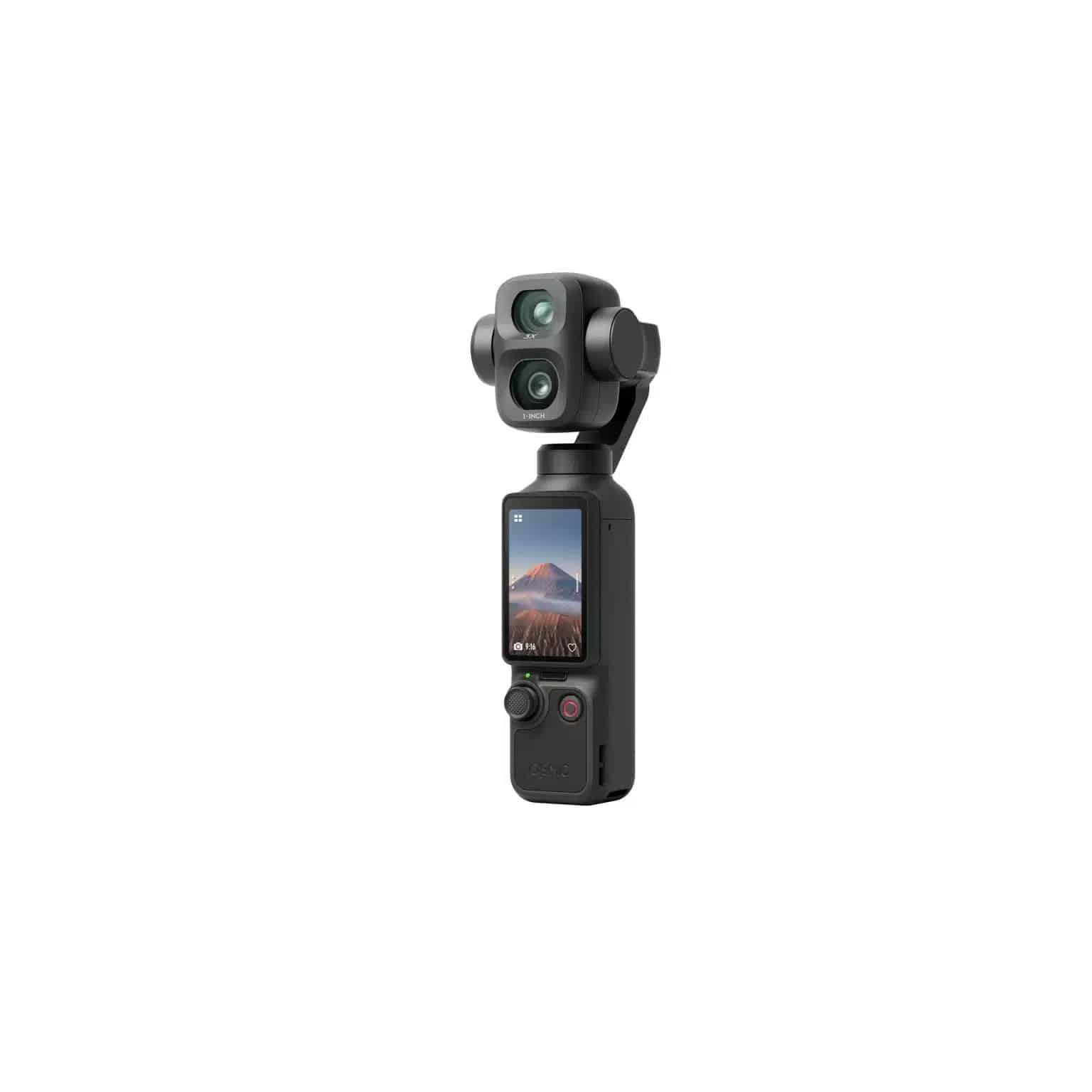 DJI Osmo Pocket 4P nhìn chéo phía trước với cụm camera kép và màn hình cảm ứng