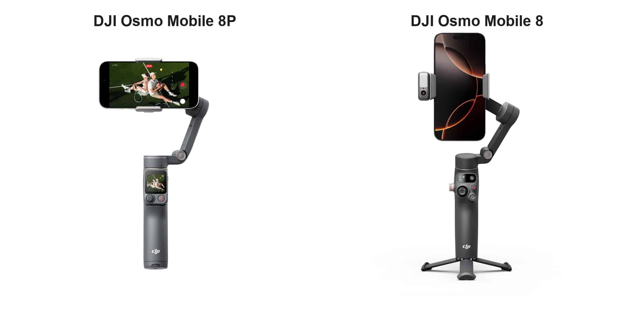 So sánh Osmo Mobile 8P và Osmo Mobile 8 đặt cạnh nhau khi gắn điện thoại